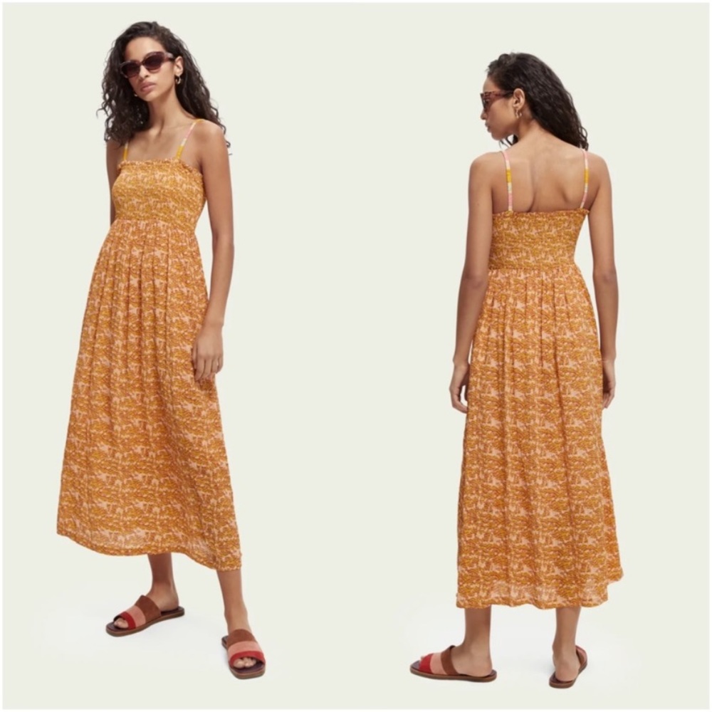 Scotch & Soda Seersucker Smocked Midi Dress  Lined Skirt Elastic Straps NWT
